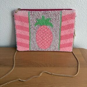 NEW Kay Lee Pink And Silver Pineapple Hand Made Beaded Canvas Handbag